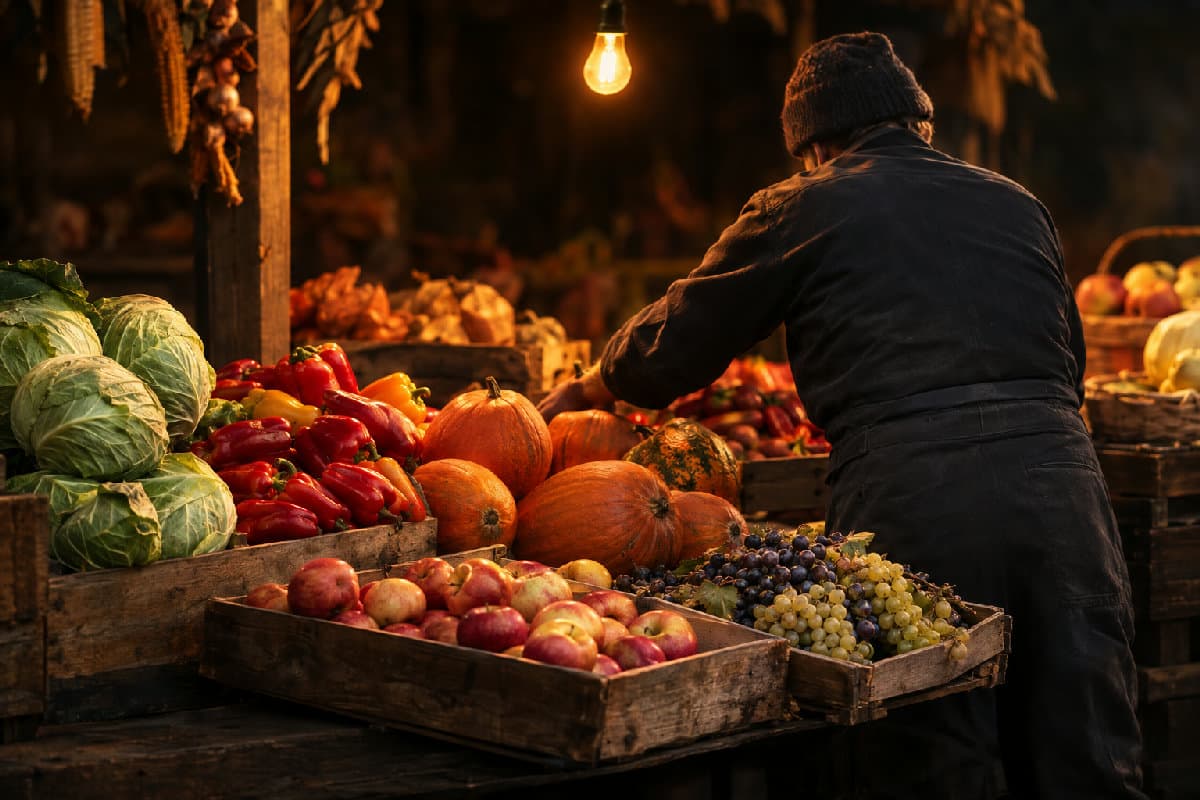 Producător local aranjând lăzi cu varză, dovleac, ardei, mere și struguri la o tarabă, luminată cald de un bec.