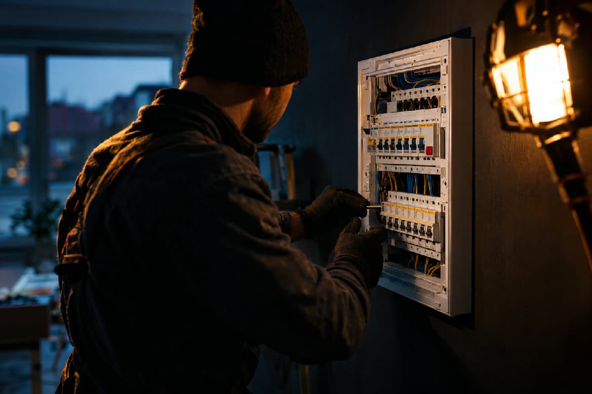 Electrician montând un tablou electric de apartament, cu siguranțe și etichete vizibile