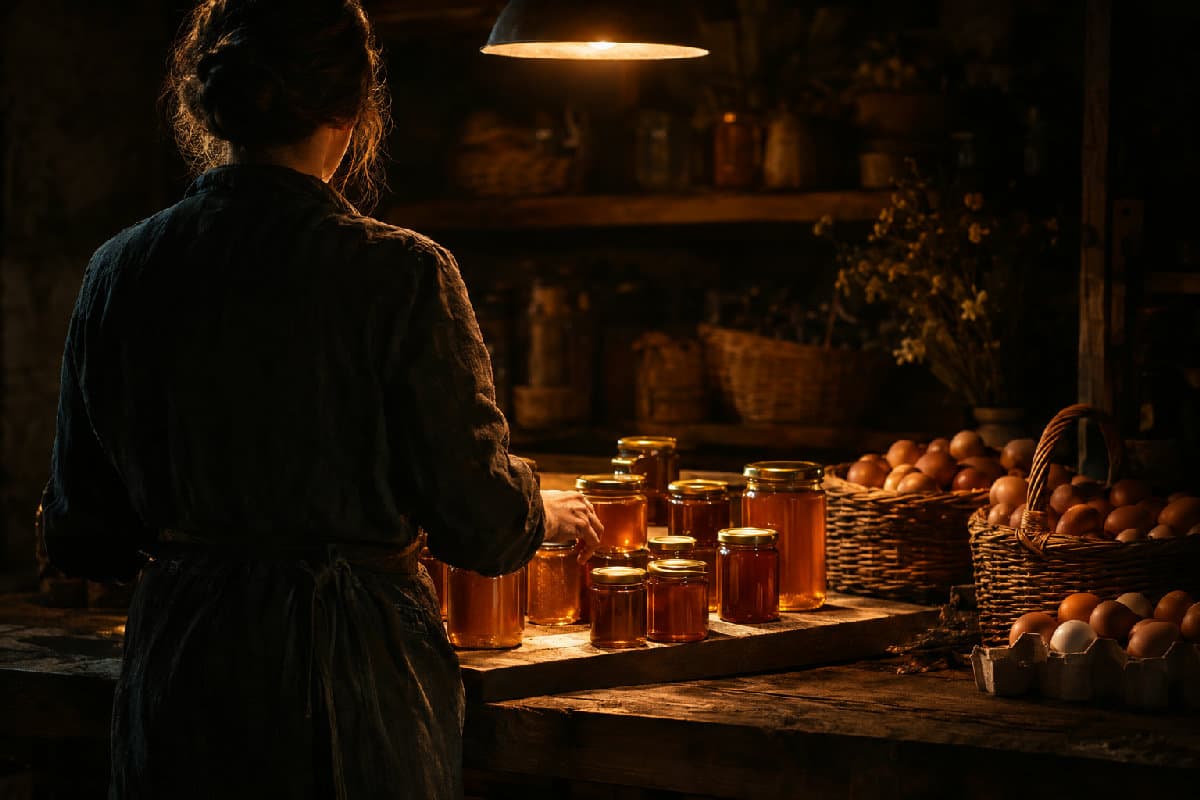 Mic producător local aranjând borcane cu miere și coșuri cu ouă pe o masă de lemn, lumină caldă, într-o cămară.