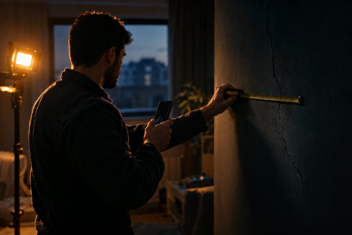 Meseriaș măsoară un perete și fotografiază zona cu probleme, lumină caldă, interior.