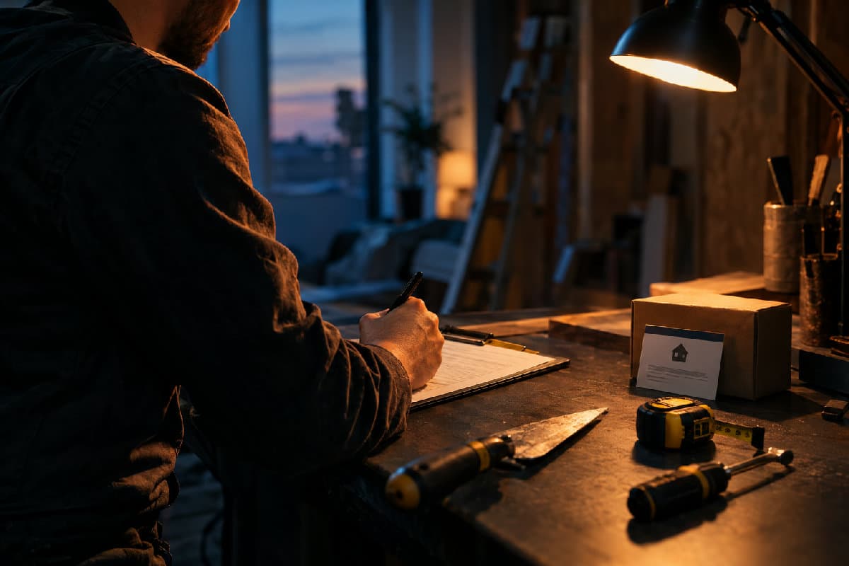 Meseriaș la bancul de lucru notează garanția pe un clipboard, cu un certificat de garanție al materialelor alături, sub lumină caldă.