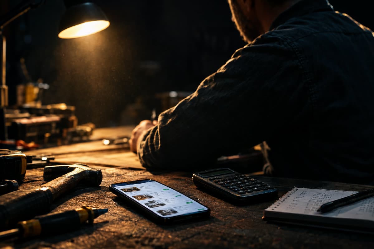 Meseriaș la bancul de lucru calculează costurile pe telefon și calculator, lumină caldă de lampă, unghi lateral.