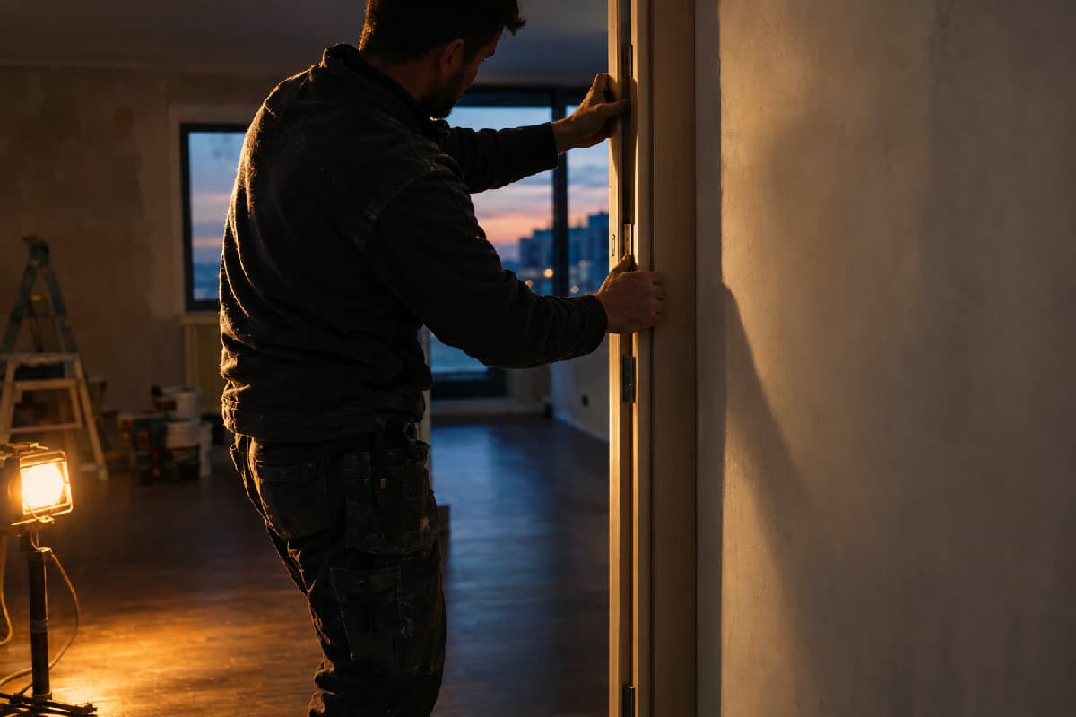 Montator reglează tocul unei uși într-un apartament renovat, cu perete proaspăt finisat și lumină caldă de șantier.
