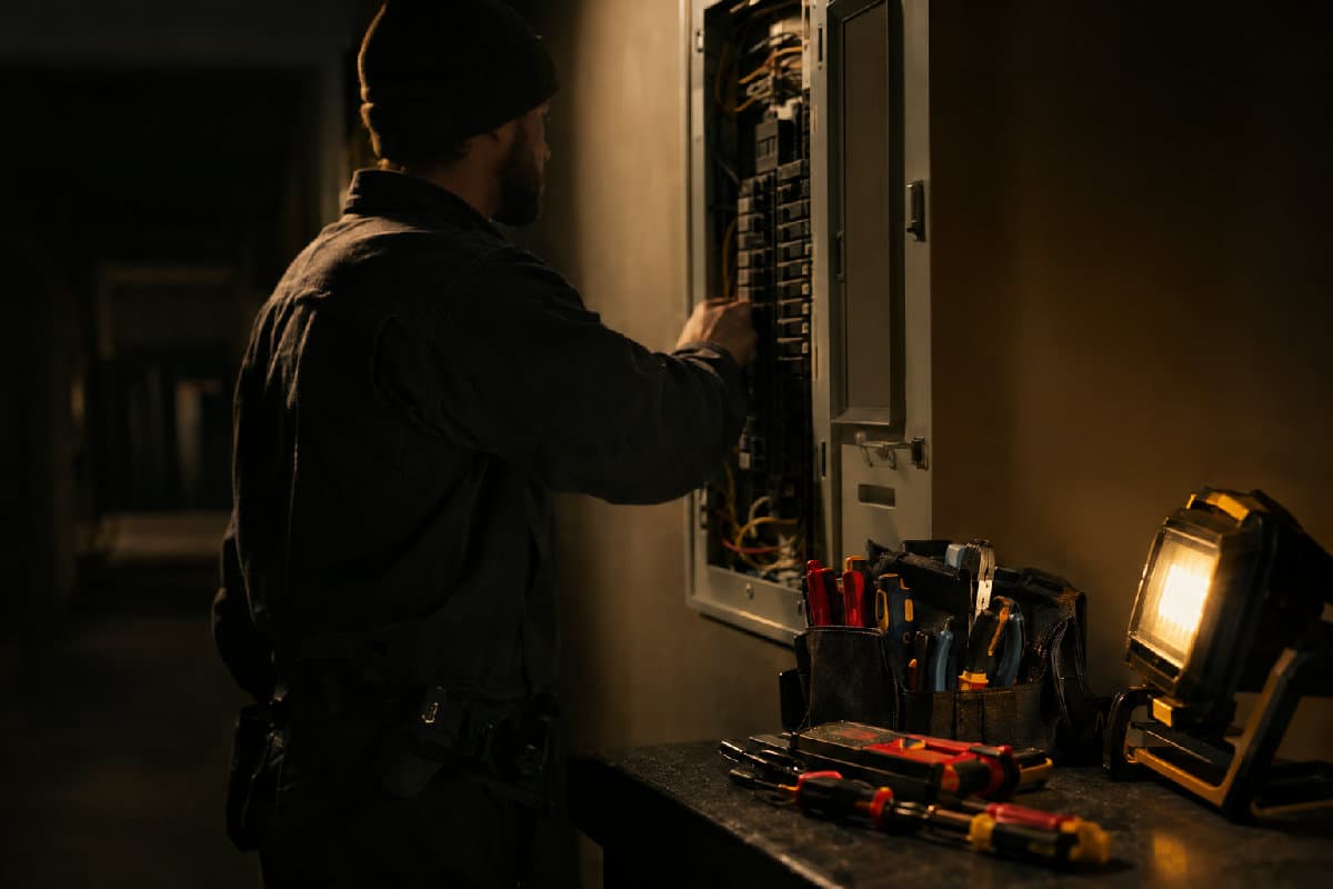 Electrician în haine de lucru verifică un tablou electric, cu lampă portabilă caldă care luminează panoul.